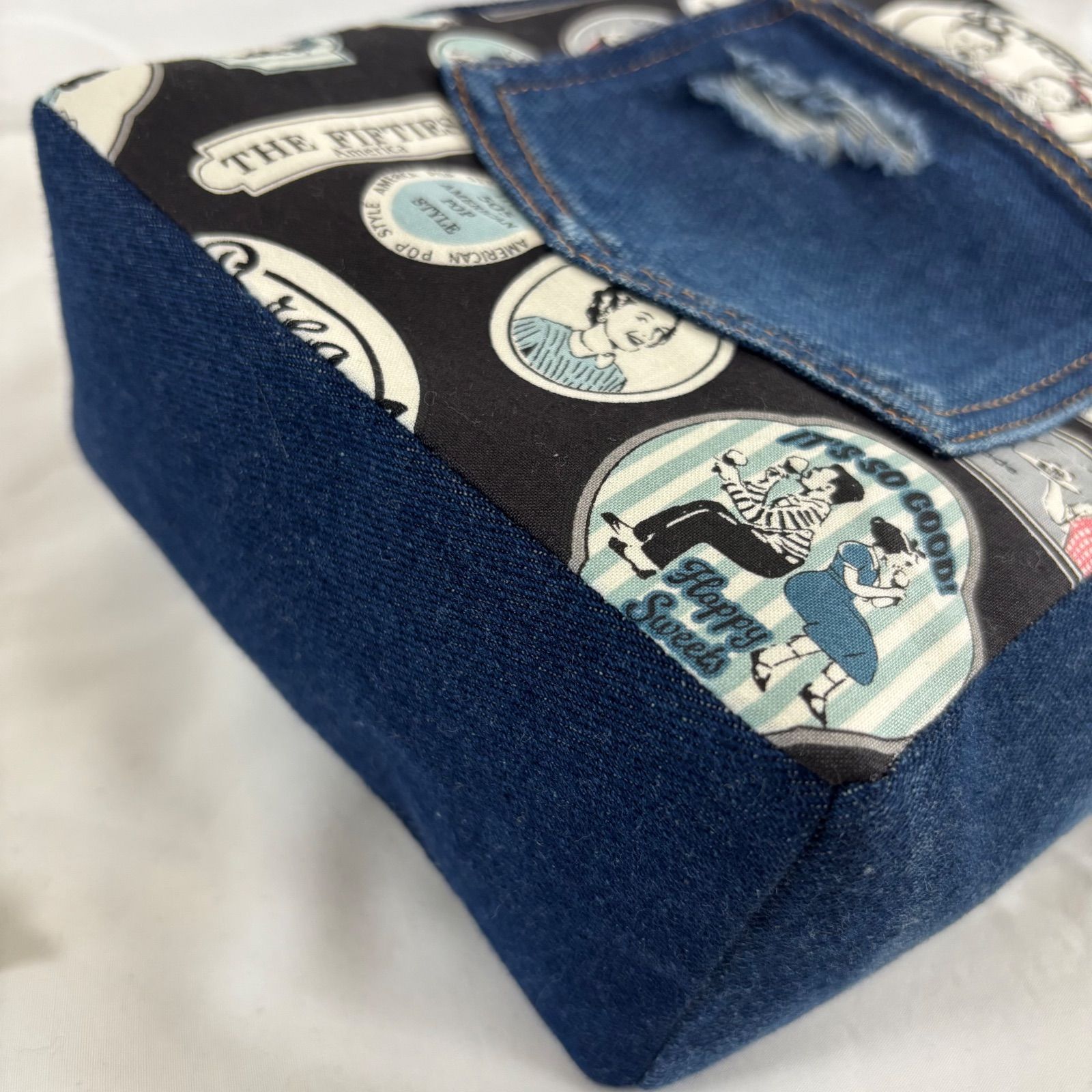 ハンドメイド デニムリメイク 巾着付きショルダーバッグ アメリカン