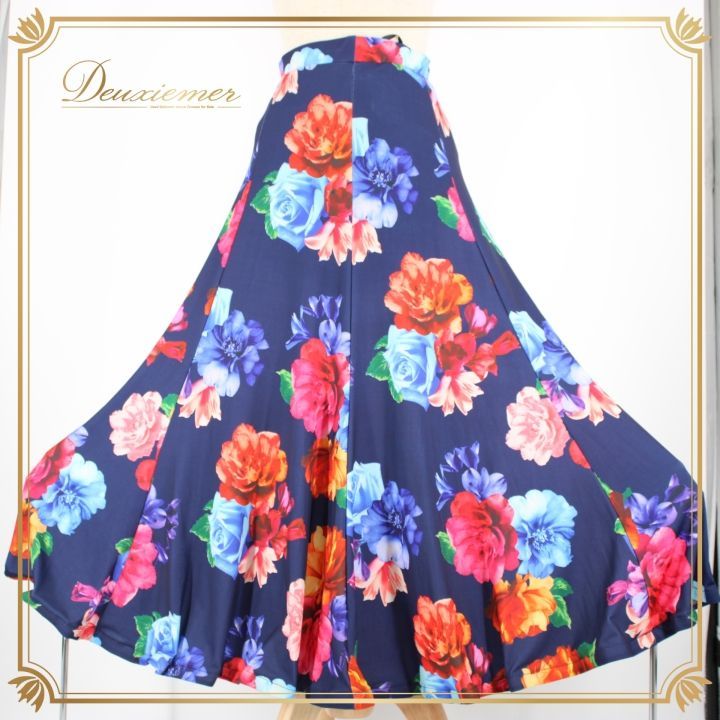 社交ダンスレッスン着パーティ。レイリーナ花柄紺色セットアップドレス 社交ダンス 衣装 スタンダード スカート レッスンウェア オール