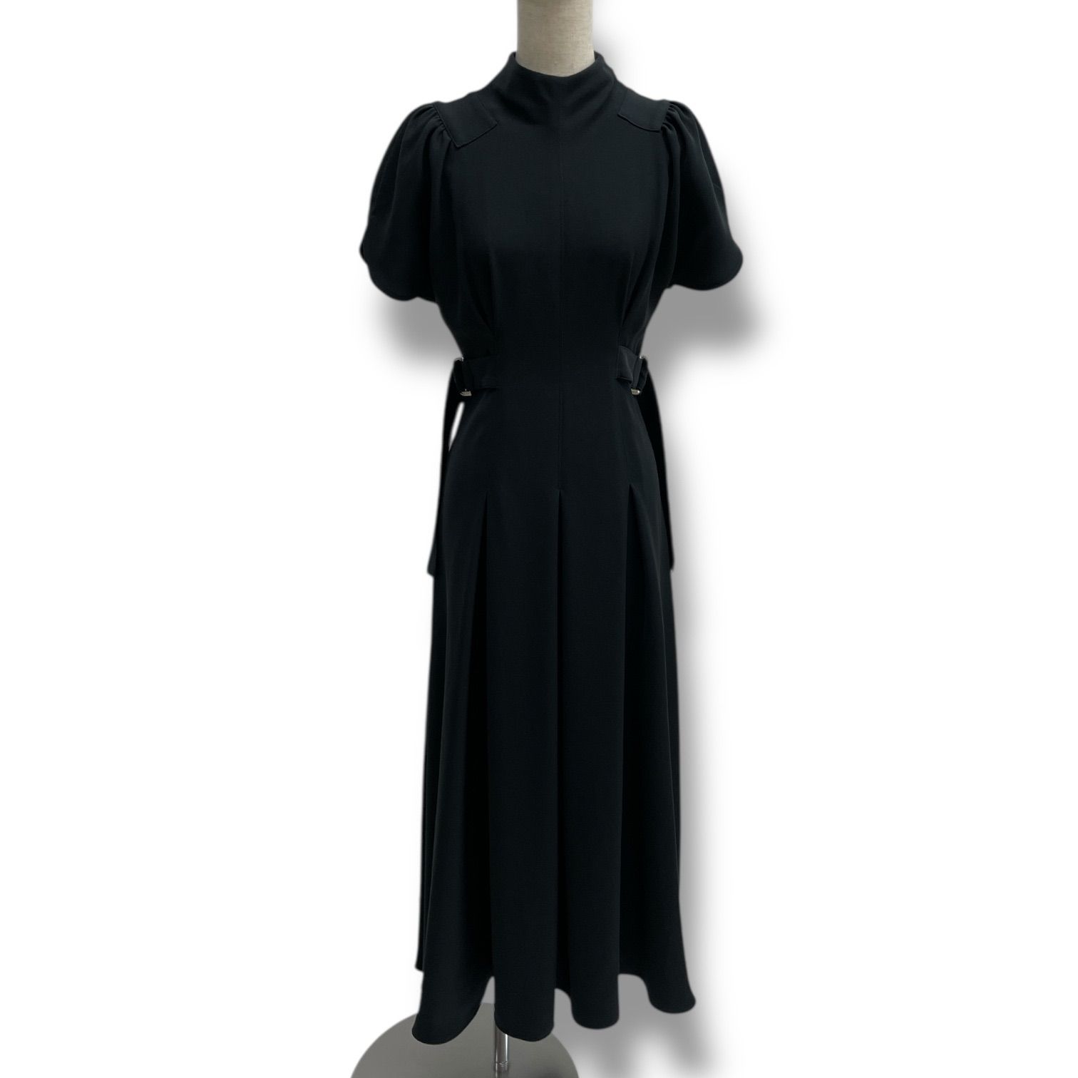 Sov ソブ サイドベルトダブルクロスワンピース ドレス ロングワンピース ハイネック サイドベルト ブラック 黒 サイズ36 レディース ゴーゴー古着 23 No 1318