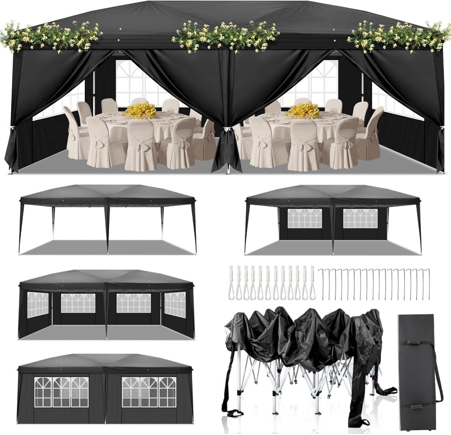 TOPAIM ワンタッチ タープテント 3 m×6 m サイドシート 付き ブラック 3段階調節 イベントテント 収納バッグ付き スチール 大型 耐水