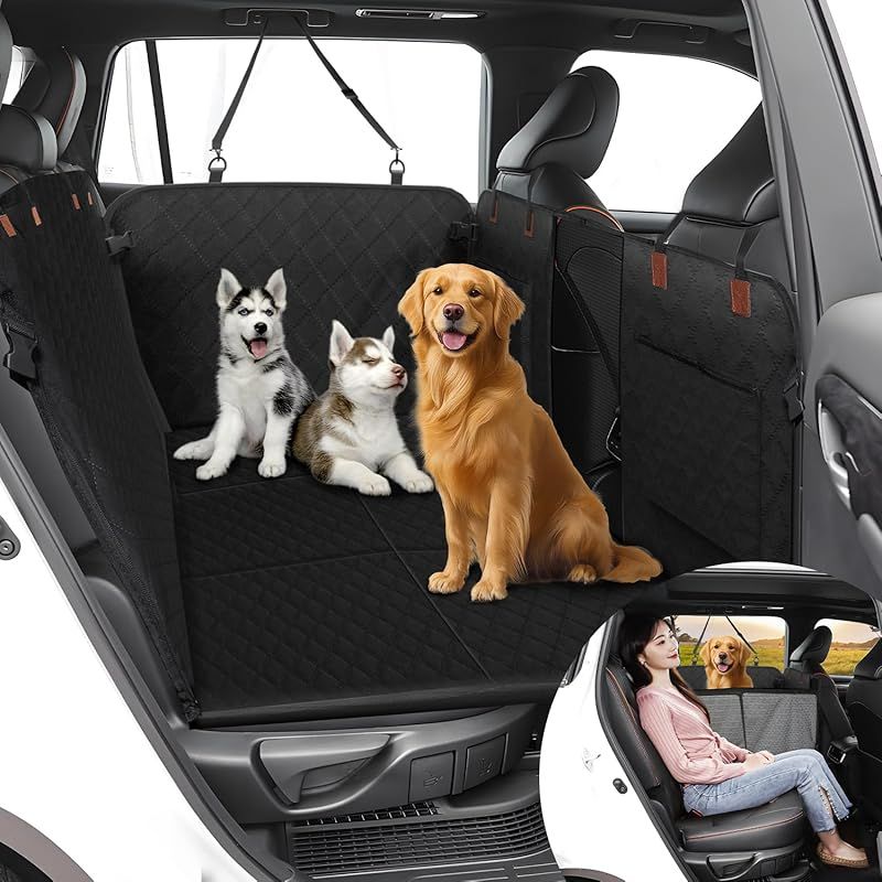 在庫 GIMUYA ペット 犬 ドライブシート 汎用版 軽自動車用 車用ペットマット 後部座席 同乗 PP板内蔵 PVC 可視メッシュ窓 防水 汚れ防止 滑り止め 耐摩擦性 耐傷性 取付簡単 収納ポケット付き 飛び出し防止 リード付き 折り畳み式