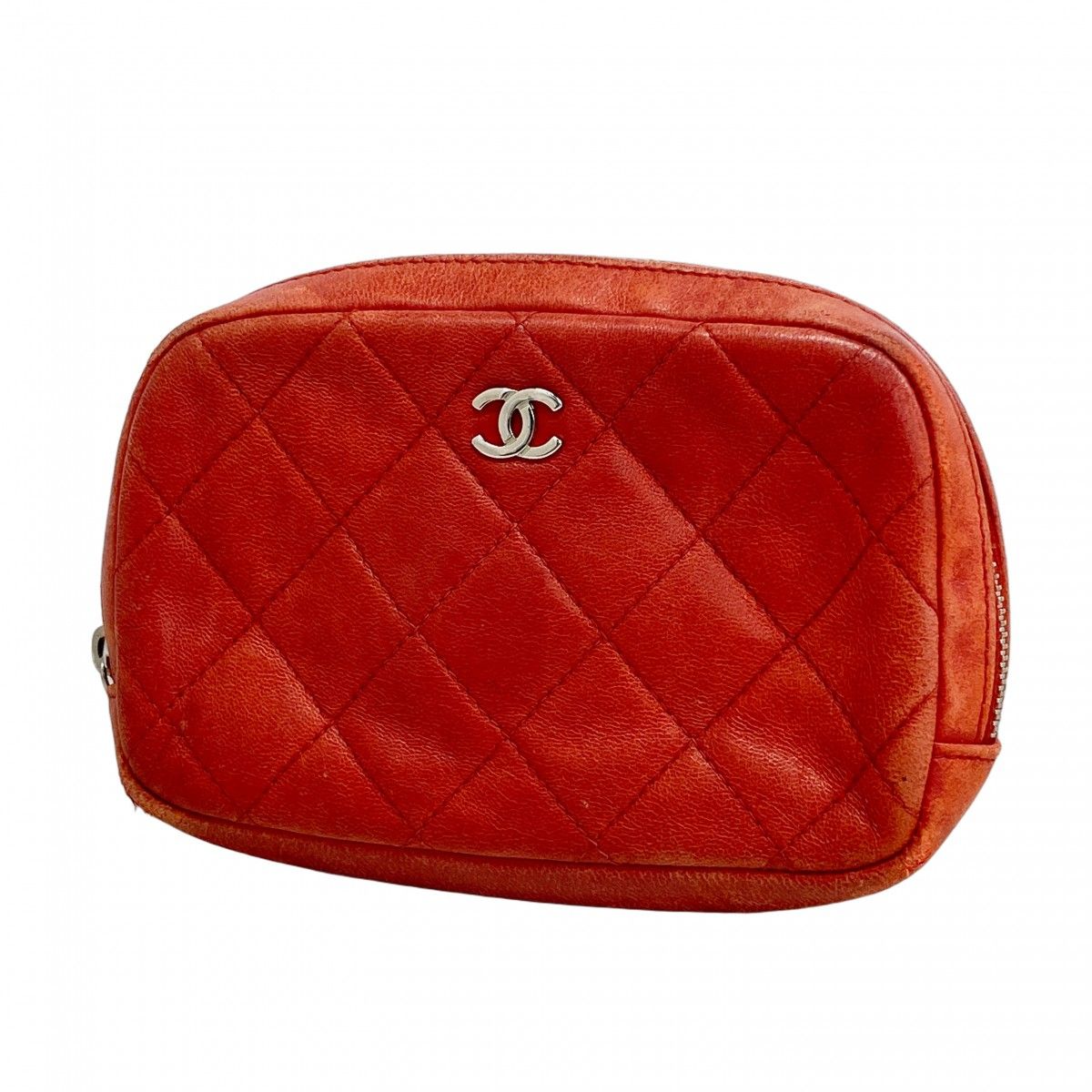 5 oe 6279 シャネル ポーチ マトラッセ ラムスキン レッド シルバー金具 レディース