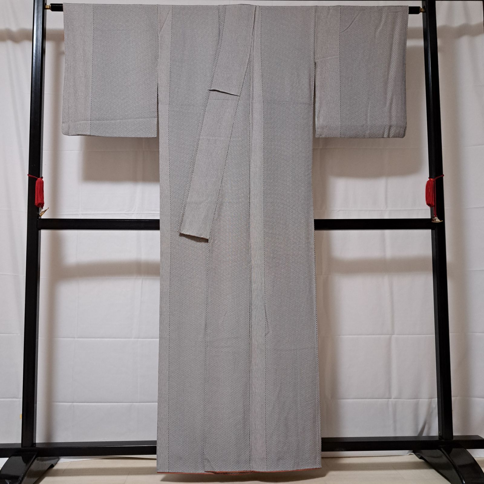 江戸小紋】裄64 身丈161 袖49 正絹 袷 スミクロ 縞と風車文様 や02S05