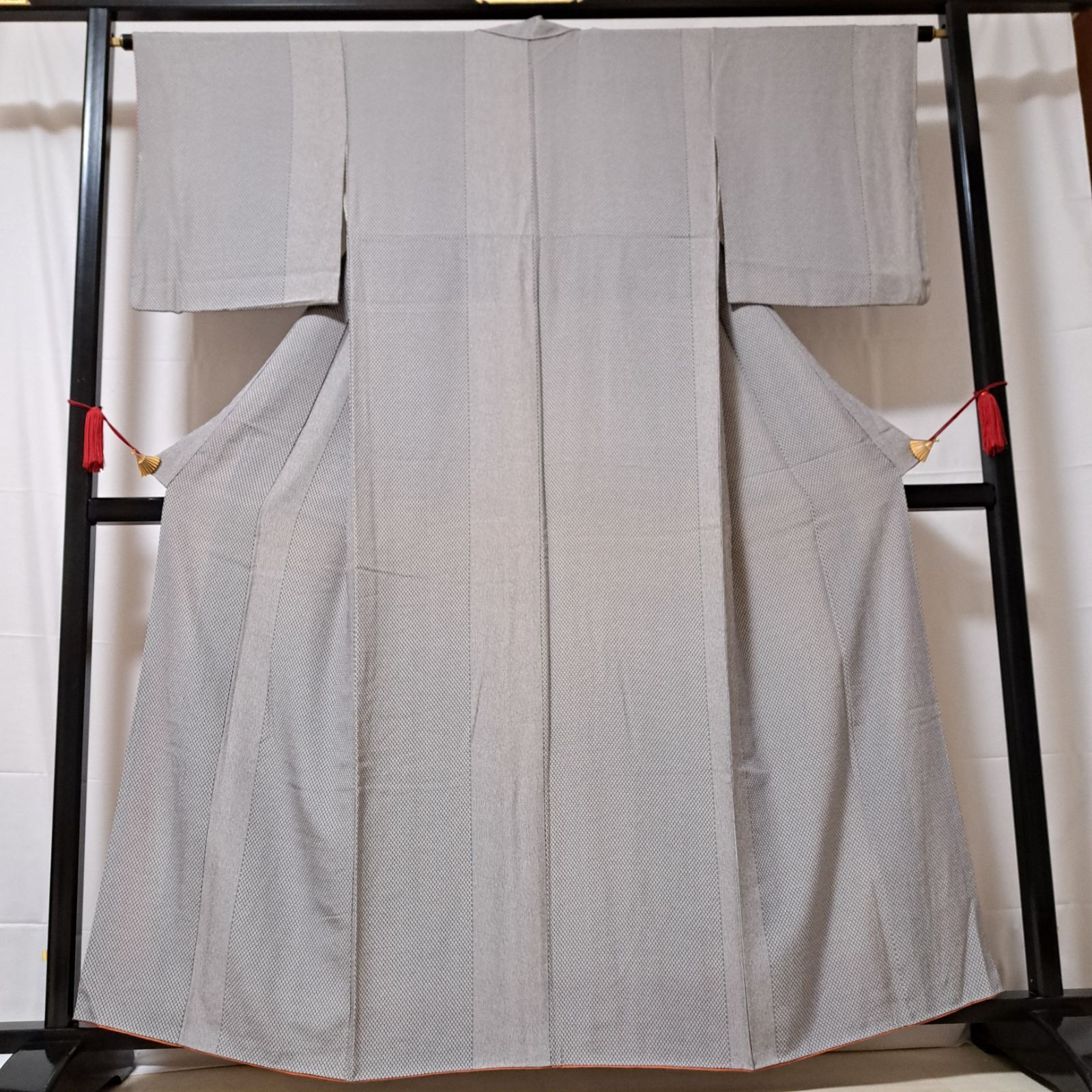 江戸小紋】裄64 身丈161 袖49 正絹 袷 スミクロ 縞と風車文様 や02S05