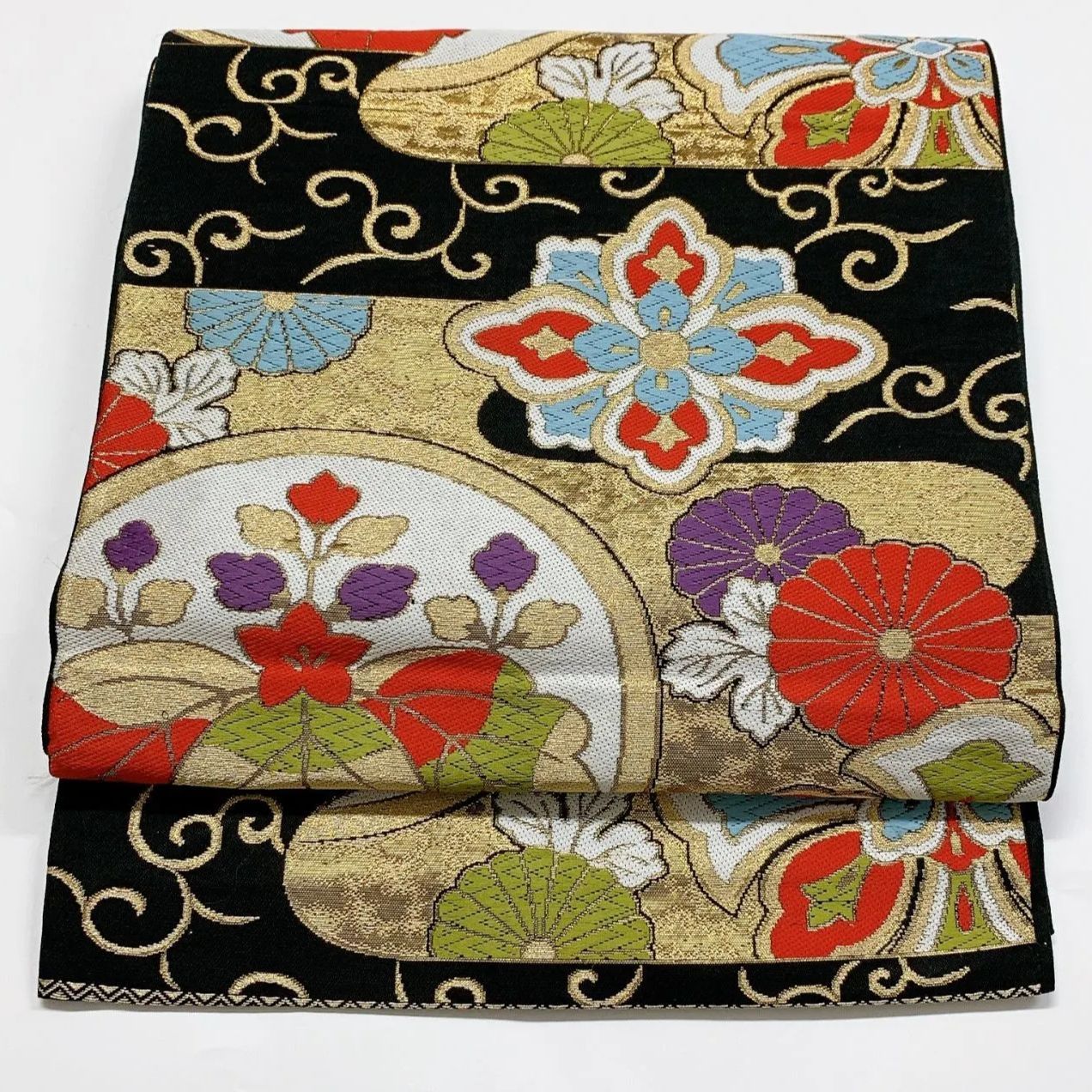 A 183袋帯 六通柄 吉祥文様 正絹 美品 着物 6060］袋帯 花吉祥文様 金銀糸 六通 正絹 着物 フォーマル 黒 - メルカリ