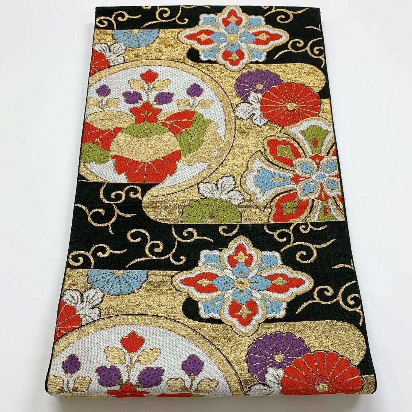 A 183袋帯 六通柄 吉祥文様 正絹 美品 着物 6083］袋帯 桐花吉祥文様 刺繍 六通 未仕立て 正絹 着物 フォーマル 黒