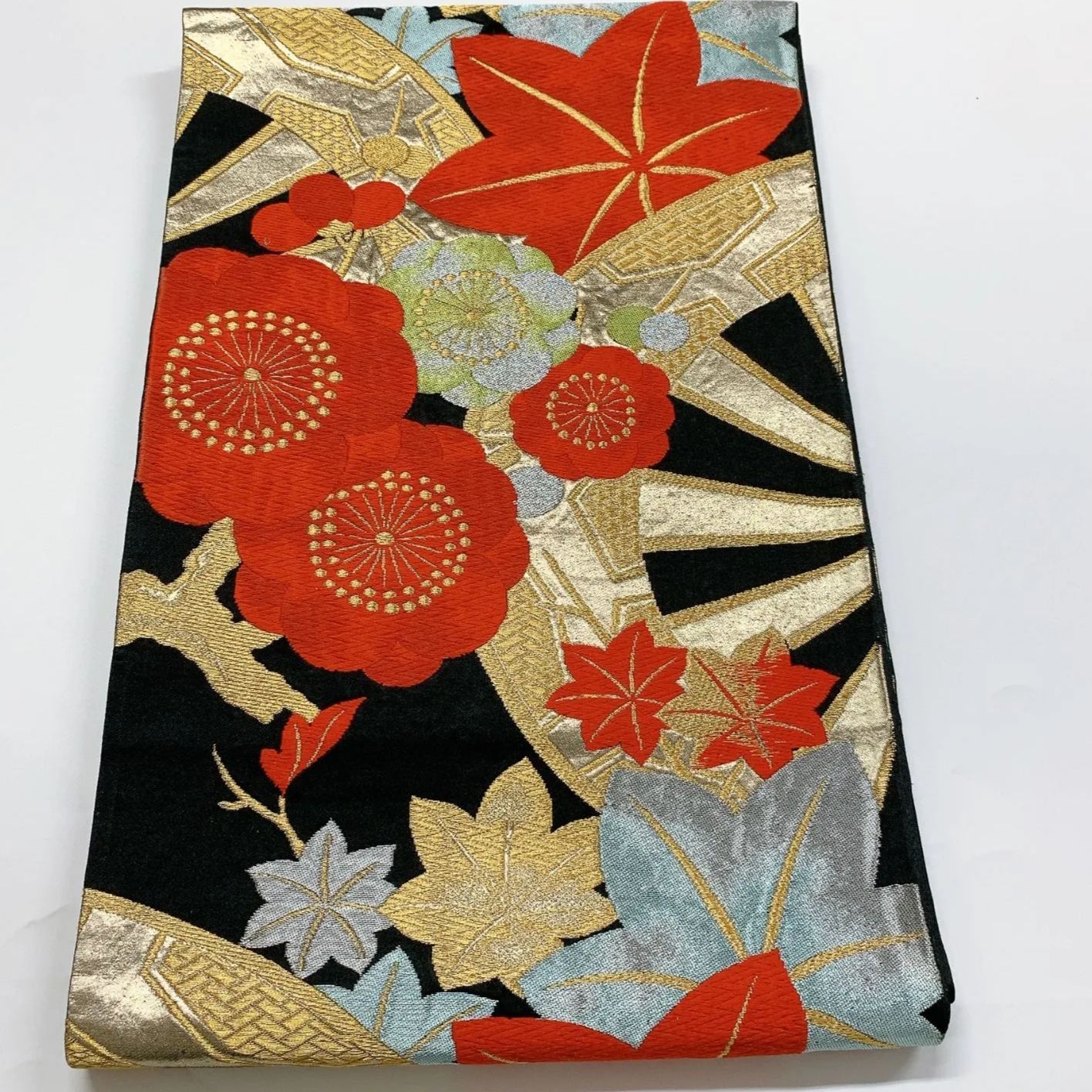 6086］袋帯 源氏車楓梅文様 金銀糸 六通 正絹 着物 フォーマル 黒