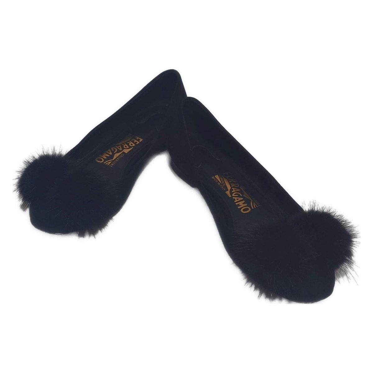 SalvatoreFerragamo サルバトーレフェラガモ フラットシューズ 5 D レディース - 黒 ヴァラ ファー