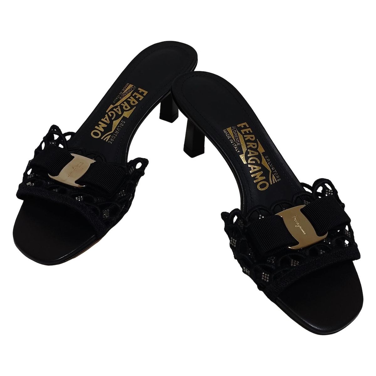 SalvatoreFerragamo サルバトーレフェラガモ ミュール 5 レディース - 黒 ラインストーン ヴァラ コットン