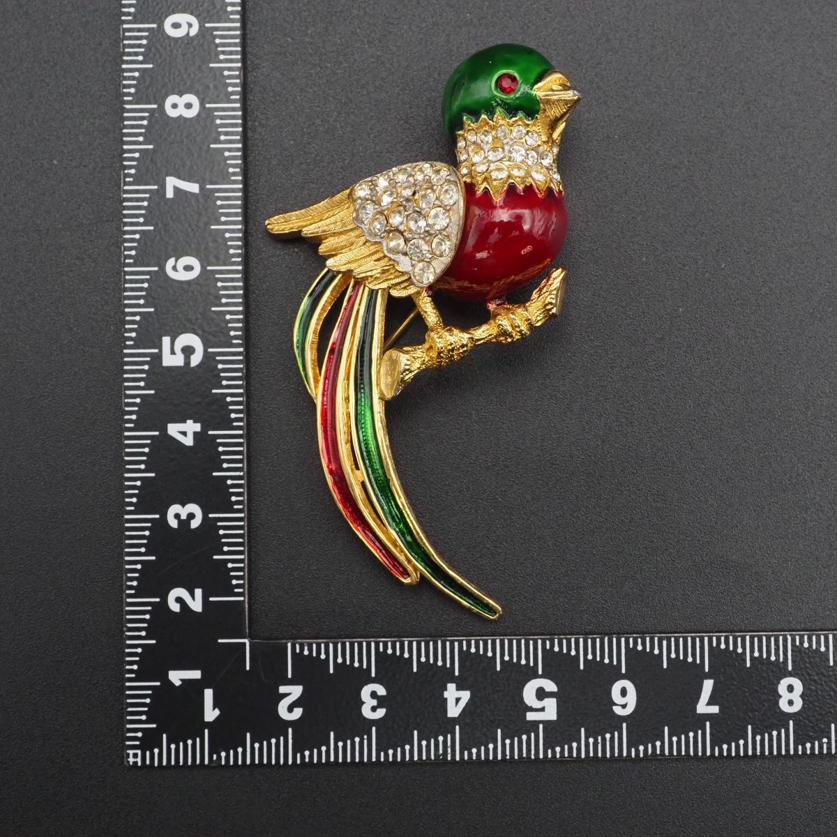H293 バード 鳥 ブローチ グリーン レッド エナメル ラインストーン