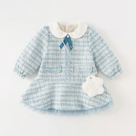 dave bella ツイードワンピース 90 ブルー 白襟 リボン 女の子 秋冬