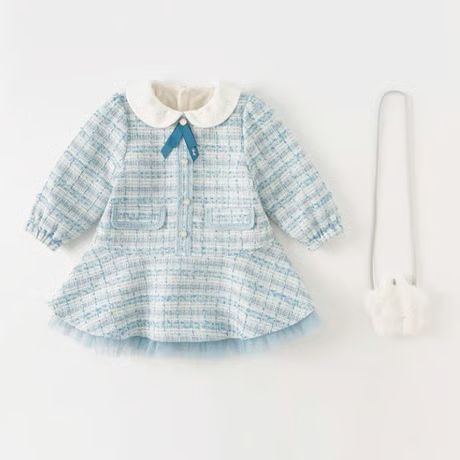 dave-bella ツイードワンピース 90 ブルー 白襟 リボン 女の子 秋冬