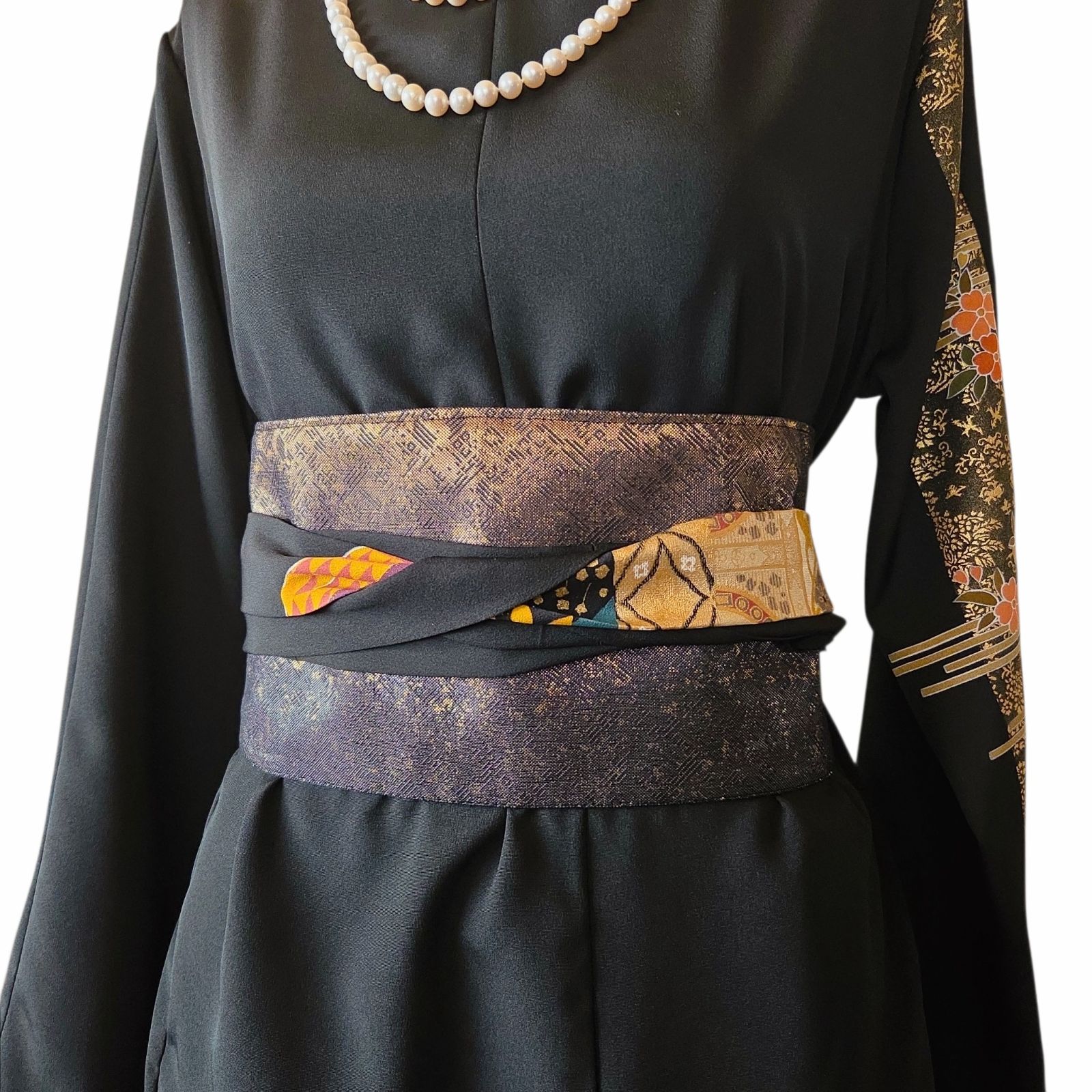 着物リメイク サッシュベルト 帯ベルト 帯 黒留袖 ワンピース 金彩
