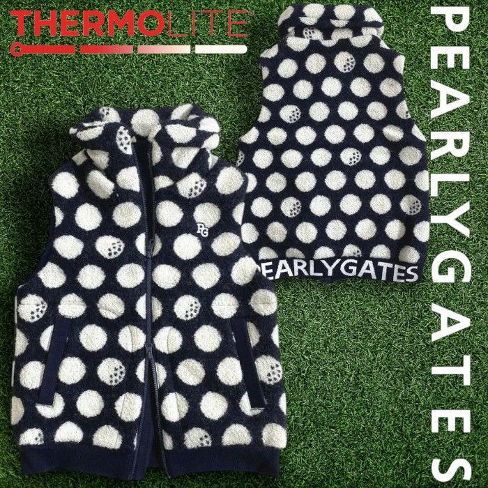 パーリーゲイツ ゴルフ 軽量保湿素材 リングチェック BIGドット柄 総柄 ダブルジップ 中綿入り ベスト ゴルフウェア レディース 055 2258108 定価3 8万 ネイビーブラック オフホワイト 042 51021 w 04