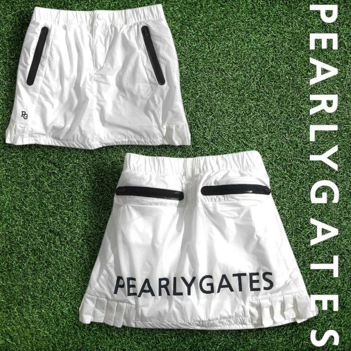 PEARLY GATES パーリーゲイツ ゴルフ 素材 ストレッチタフタ トリコットハイテンション 切替デザイン バックロゴ 2 WAYストレッチ ミニ スカート ゴルフウェア レディース 055 2234102 定価3万 白 034 51021 w 07