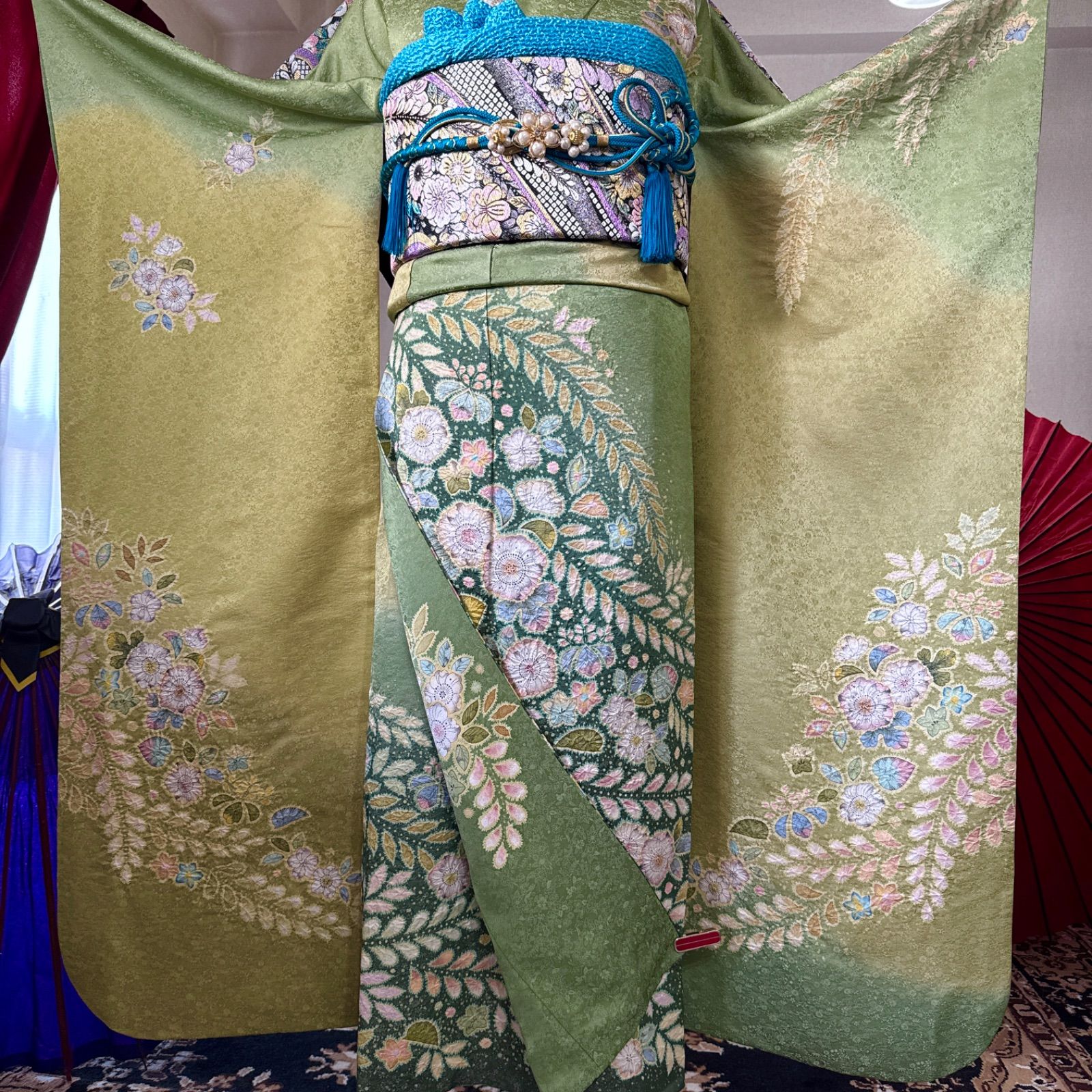 正絹・絞り・辻が花・振袖フルセット(6点)・袋帯・半衿・長襦袢