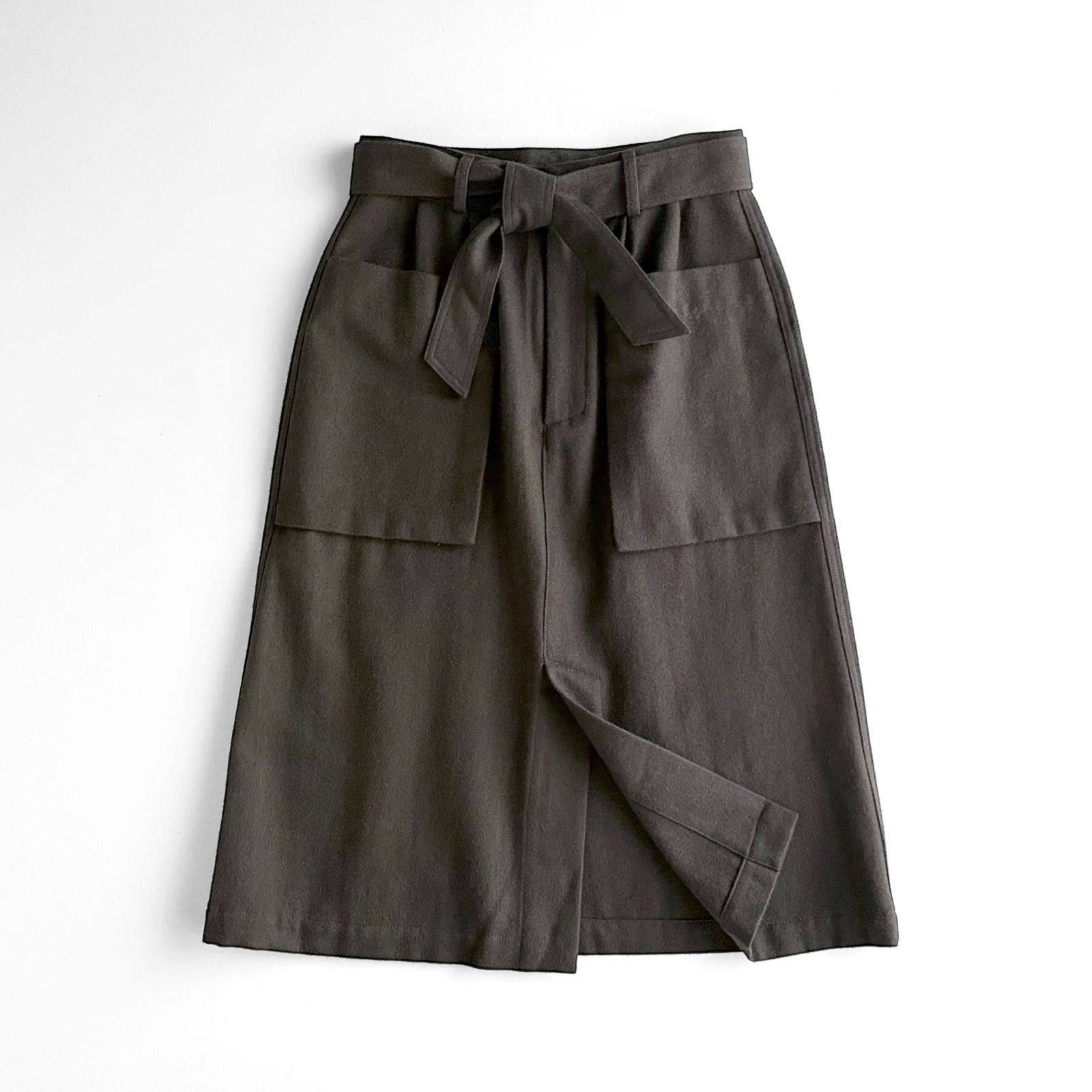 MHL. エムエイチエル. マーガレットハウエル WOOL COTTON DRILL ウールコットン ドリル ウエストリボン 膝下丈 スカート レディース 36 カーキ ボトム