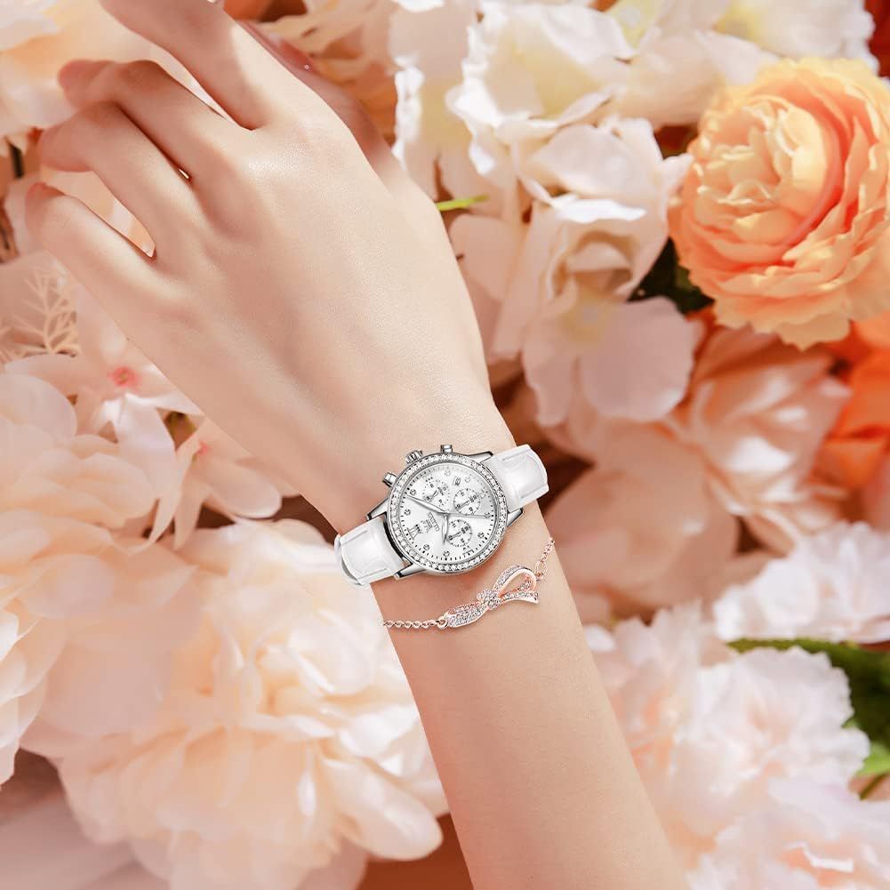 日付 夜光 防水 薄型 ホワイト 軽量 白 レザー ブレスレットセット 彼女 クォーツ プレゼント うで時計 watch 革ベルト for レディース 腕時計 women OLEVS