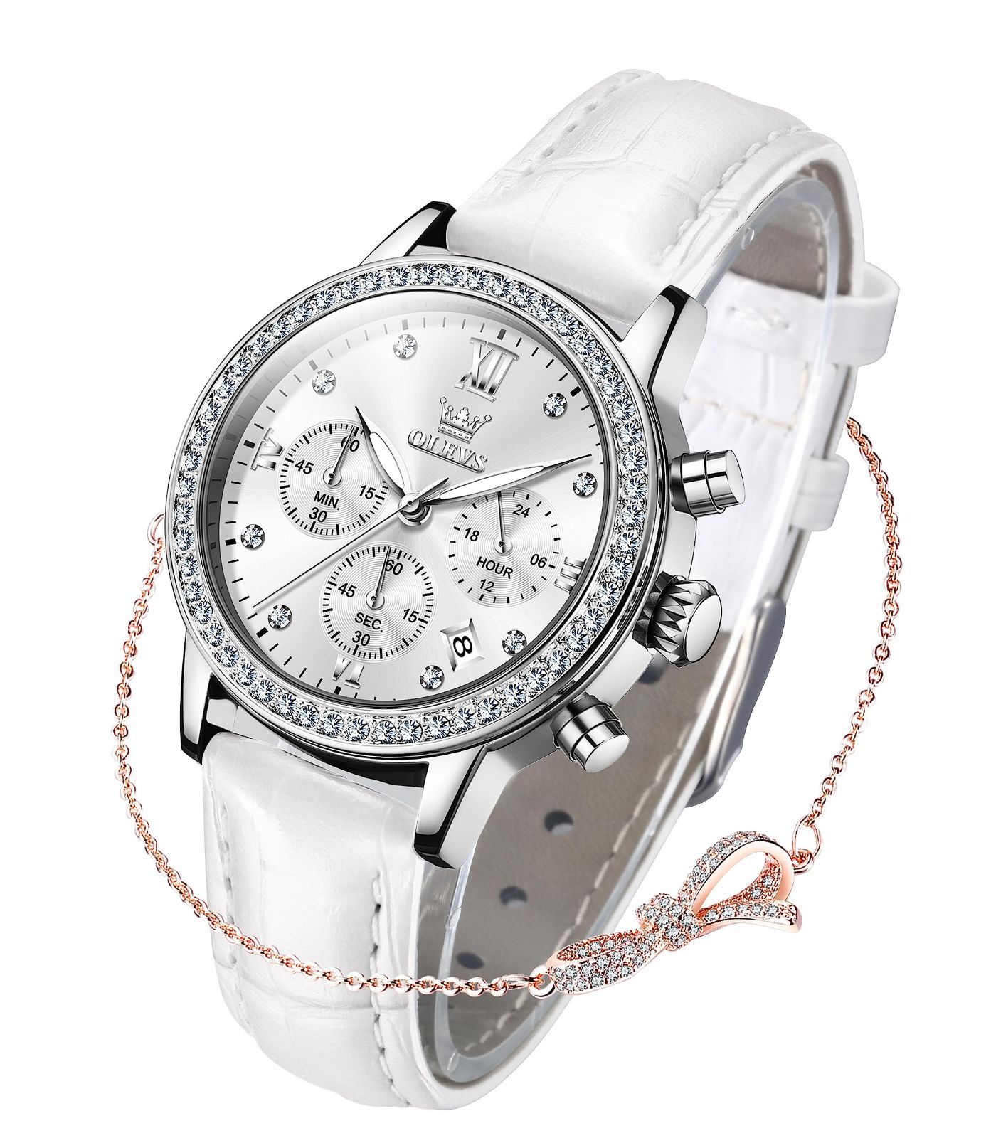 日付 夜光 防水 薄型 ホワイト 軽量 白 レザー ブレスレットセット 彼女 クォーツ プレゼント うで時計 watch 革ベルト for レディース 腕時計 women OLEVS