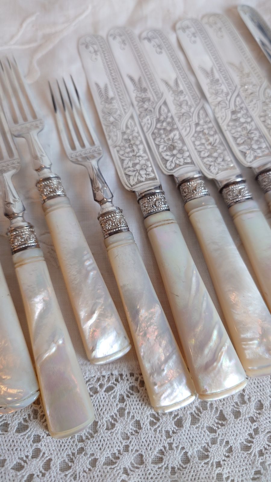白蝶貝カトラリーセット 純銀製 フラワーモチーフ レア イギリス