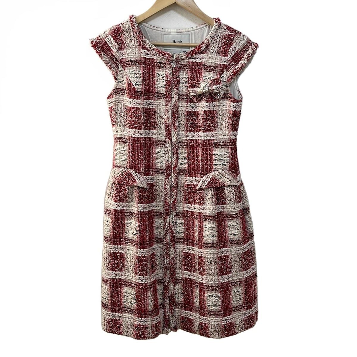 Rene ルネ ワンピース サイズ36 S レディース レッド ピンク 白 ノースリーブ ロング ラインストーン リボン