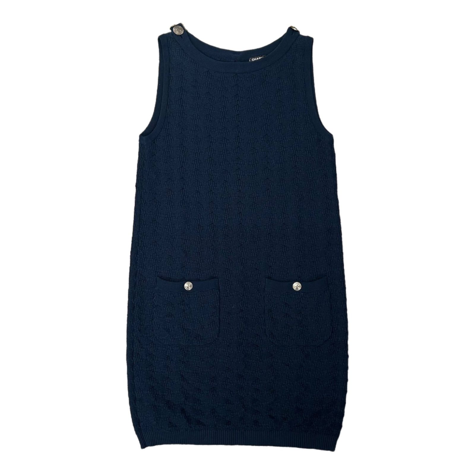 CHANEL シャネル ワンピース ココボタン 38 ノースリーブ ネイビー コットン P 48 レディース