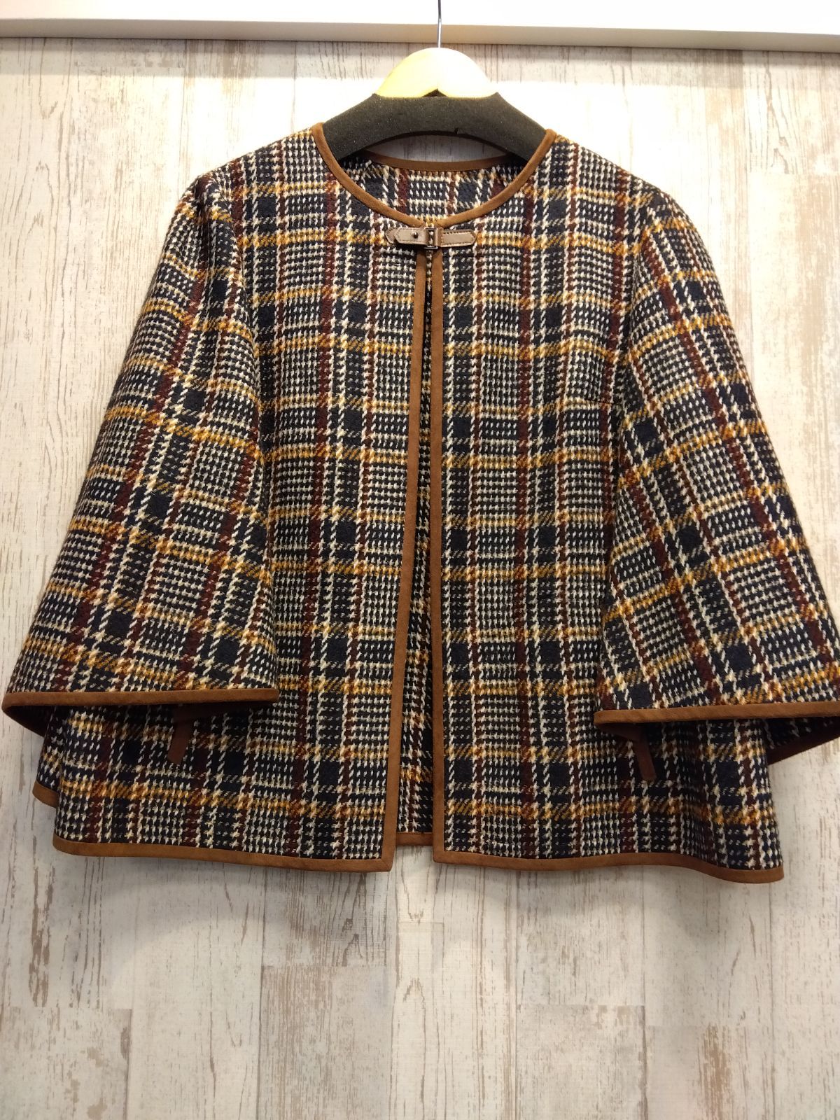 M 29 レリアン プラスハウス Leilian PLUS HOUSE クラシック ジャガード チェック柄 ケープ型 ジャケット