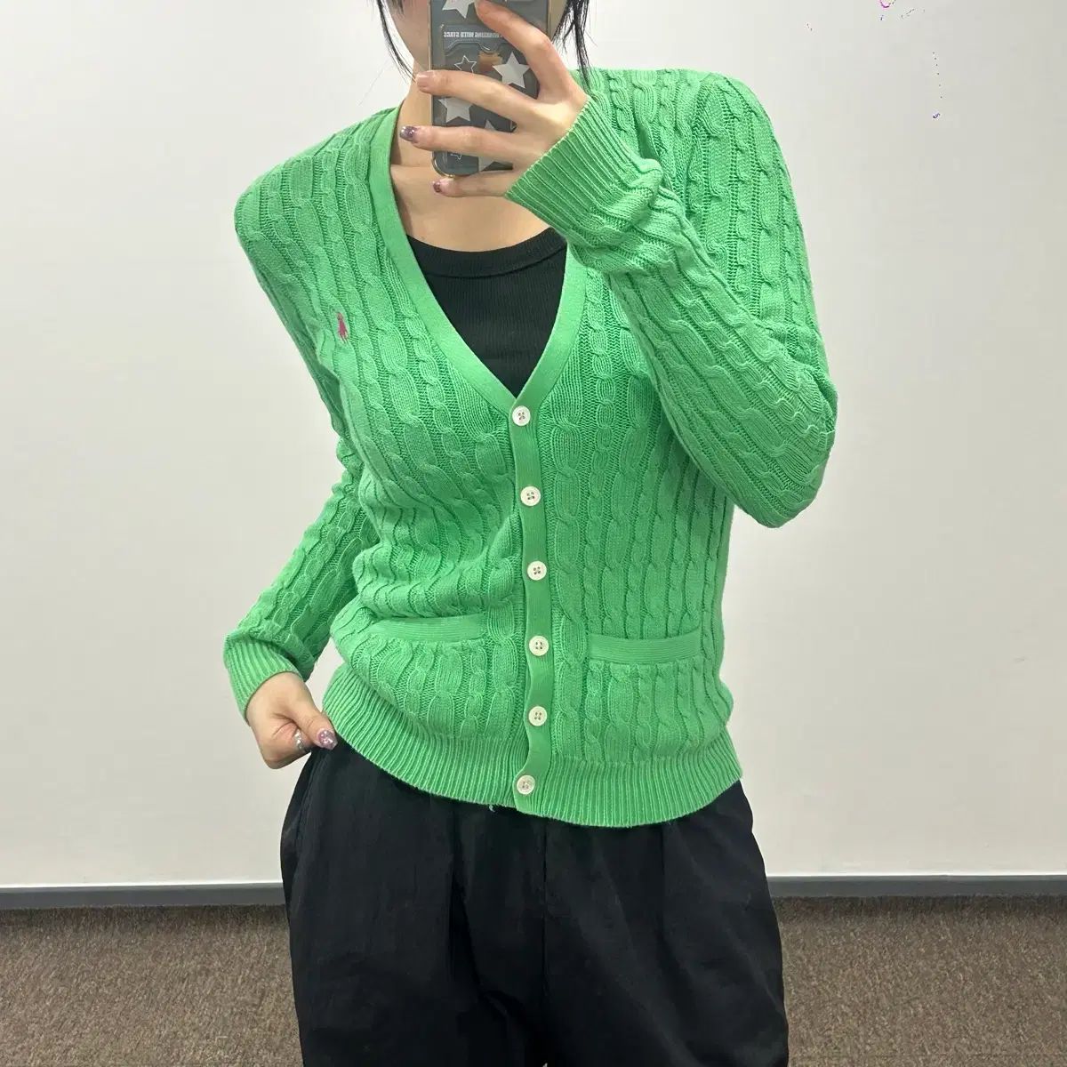ポロ ピングリーン ポニー Vネック ケーブル ニット カーディガン