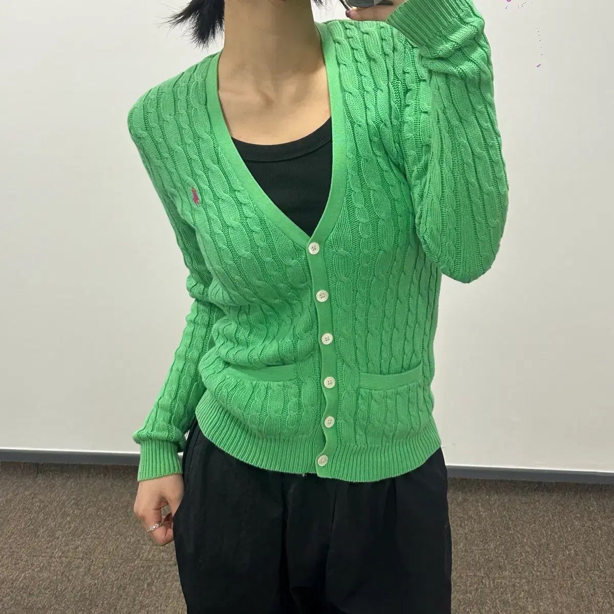 ポロ ピングリーン ポニー Vネック ケーブル ニット カーディガン