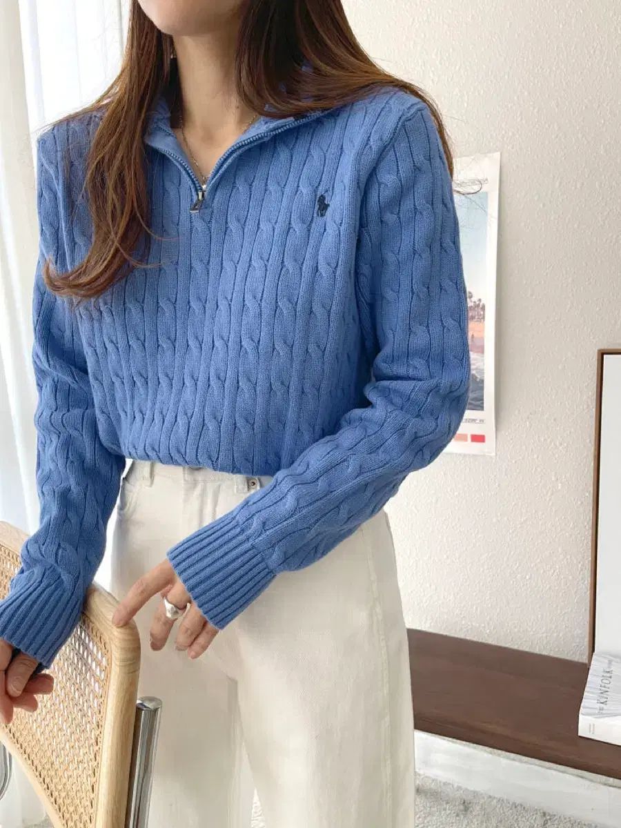 ポロ ケーブル ニット ハーフジップアップ ブルー