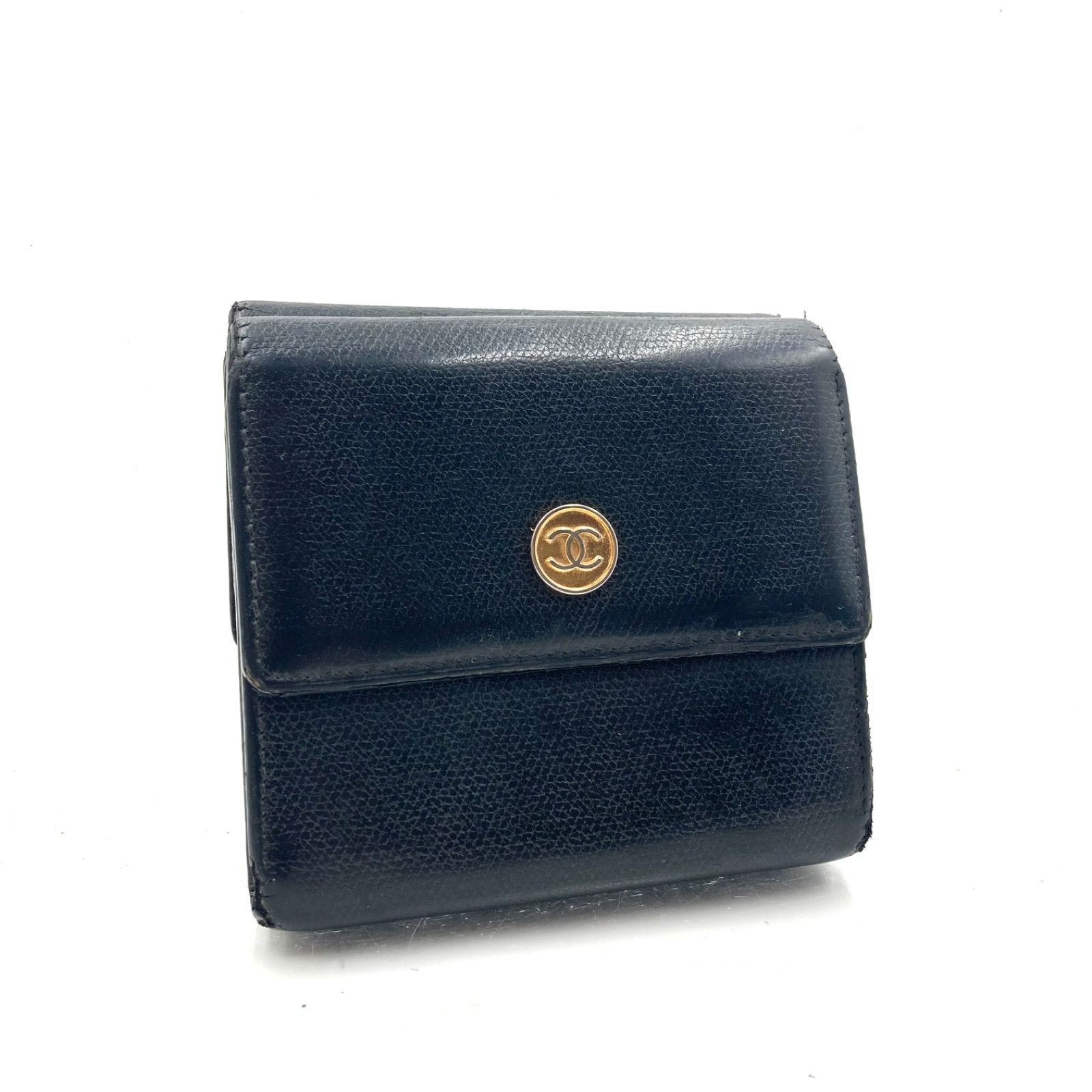 CHANEL シャネル ココボタン 三つ折り財布 レザー 本革 ブラック