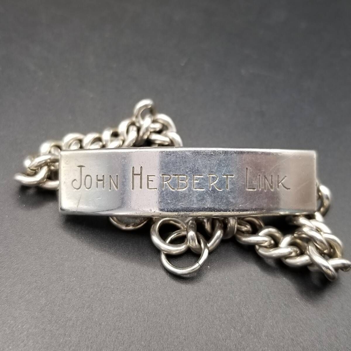 IDタグ 長方形プレート 喜平チェーン 925 シルバー ヴィンテージ ブレスレット 銀 重厚感 ネーム彫金 John Herbert Link FJ刻印 Y 21-N