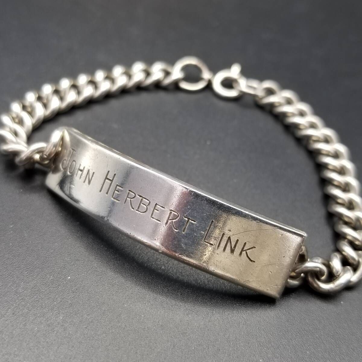 IDタグ 長方形プレート 喜平チェーン 925 シルバー ヴィンテージ ブレスレット 銀 重厚感 ネーム彫金 John Herbert Link FJ刻印 Y 21 N