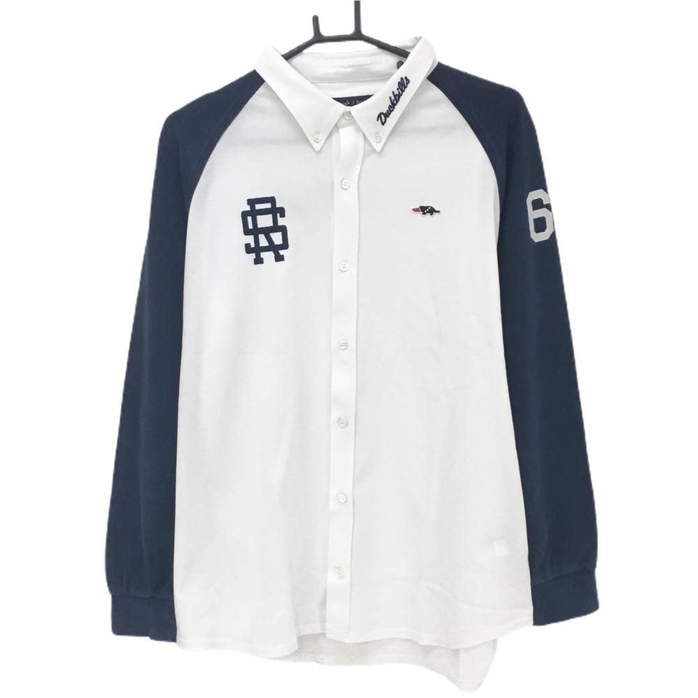 rough&swell　ワッペン　長袖シャツ　ボタンダウン　白　ゴルフ　ウェア ラフアンドスウェル 長袖シャツ 白×ネイビー 袖切替 ボタンダウン