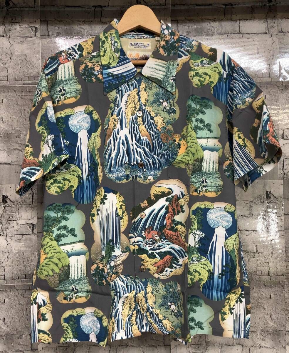 SUN SURF サンサーフ アロハシャツ 葛飾北斎 SPECIAL EDITION 諸国瀧廻り SS39326 サイズL グレー ライトブルー グリーン