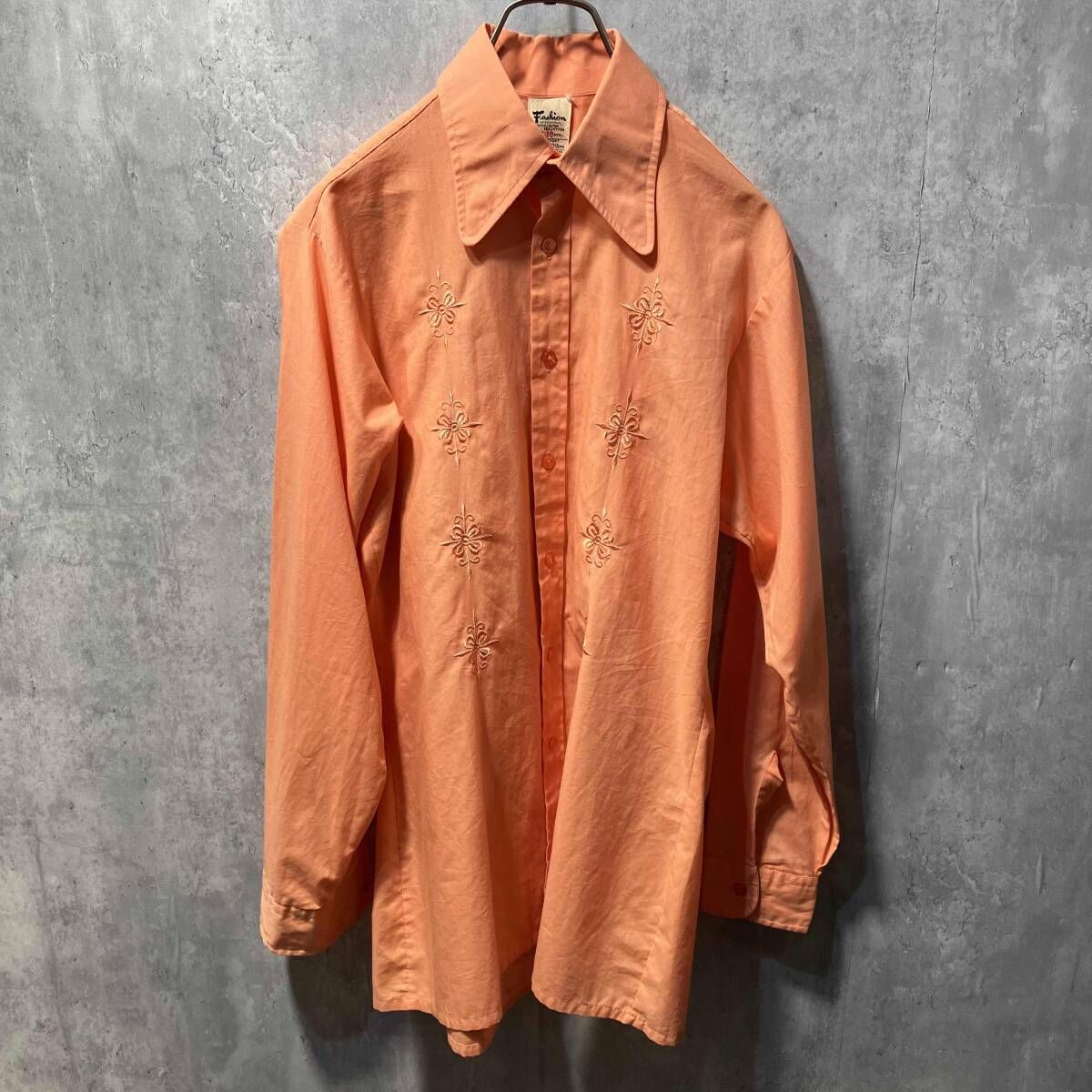 70's VINTAGE FASHION INTERNATIONAL 長袖シャツ キューバシャツ Mサイズ オレンジ ヴィンテージ