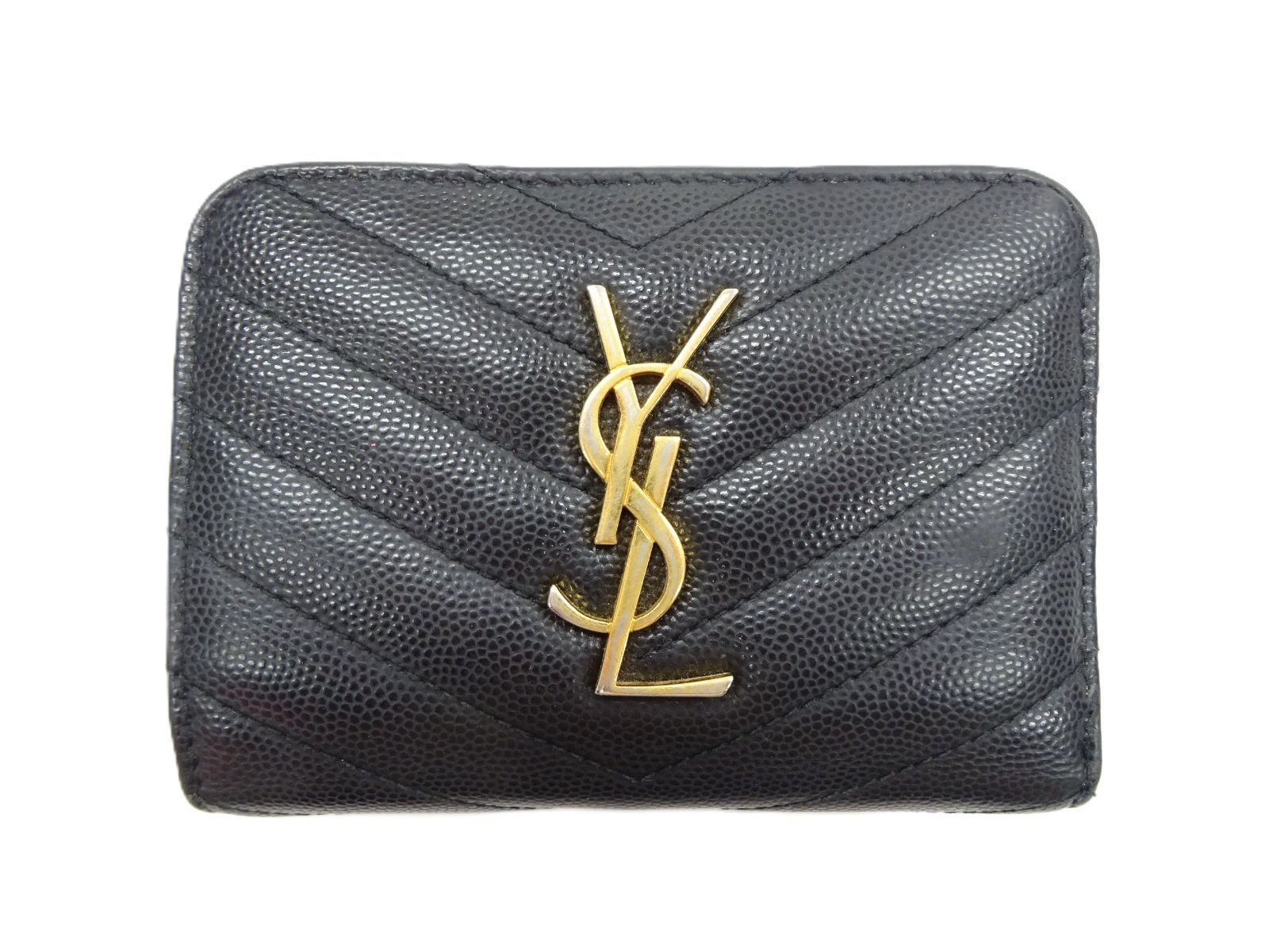 SAINT LAURENT サンローラン カサンドラ コンパクト 財布 ジップ レステッチ レザー ブラック YSL ロゴ ゴールド 403723