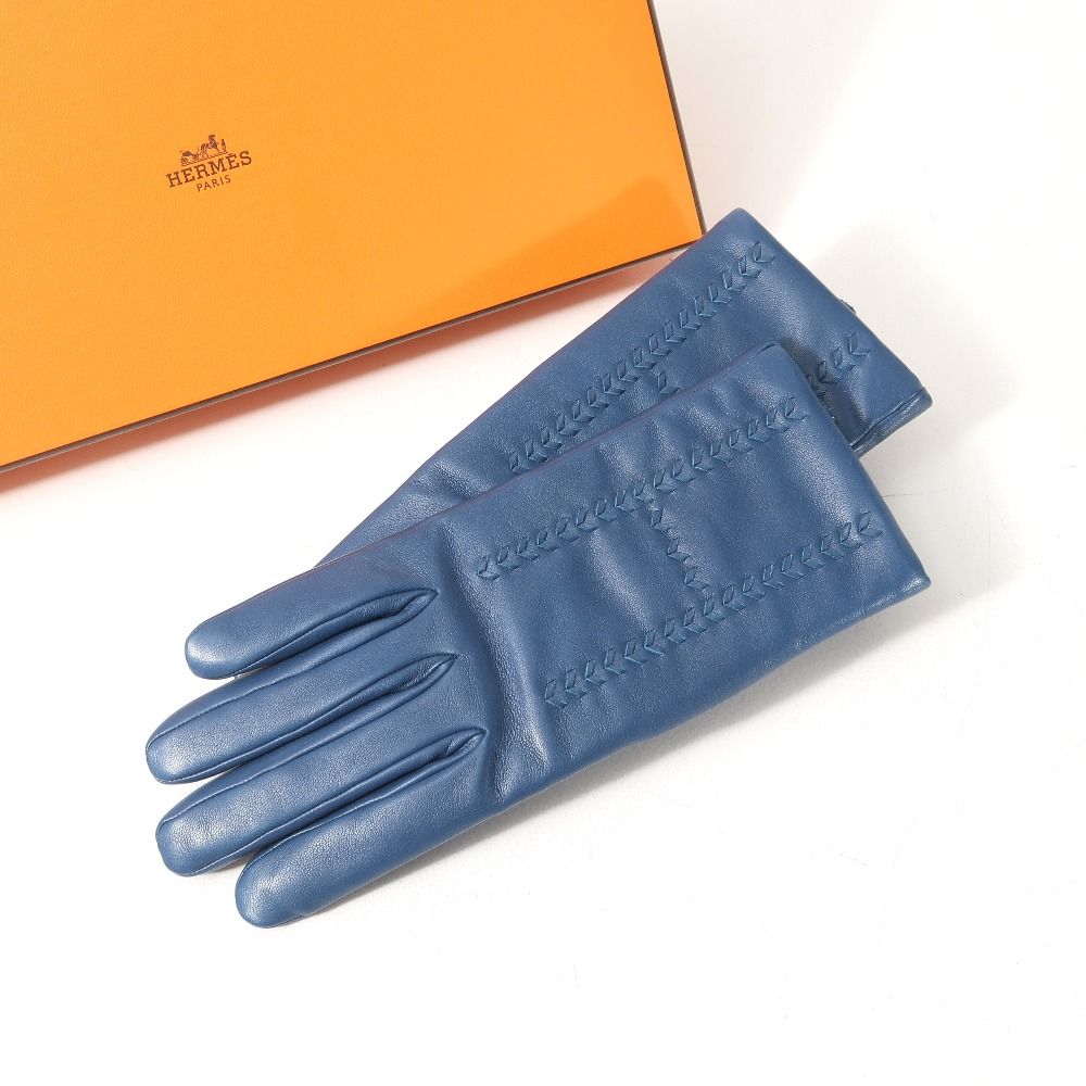 □美品□HERMES エルメス 手袋 サイズ7 Hロゴ ラムレザー 裏地 ： 総