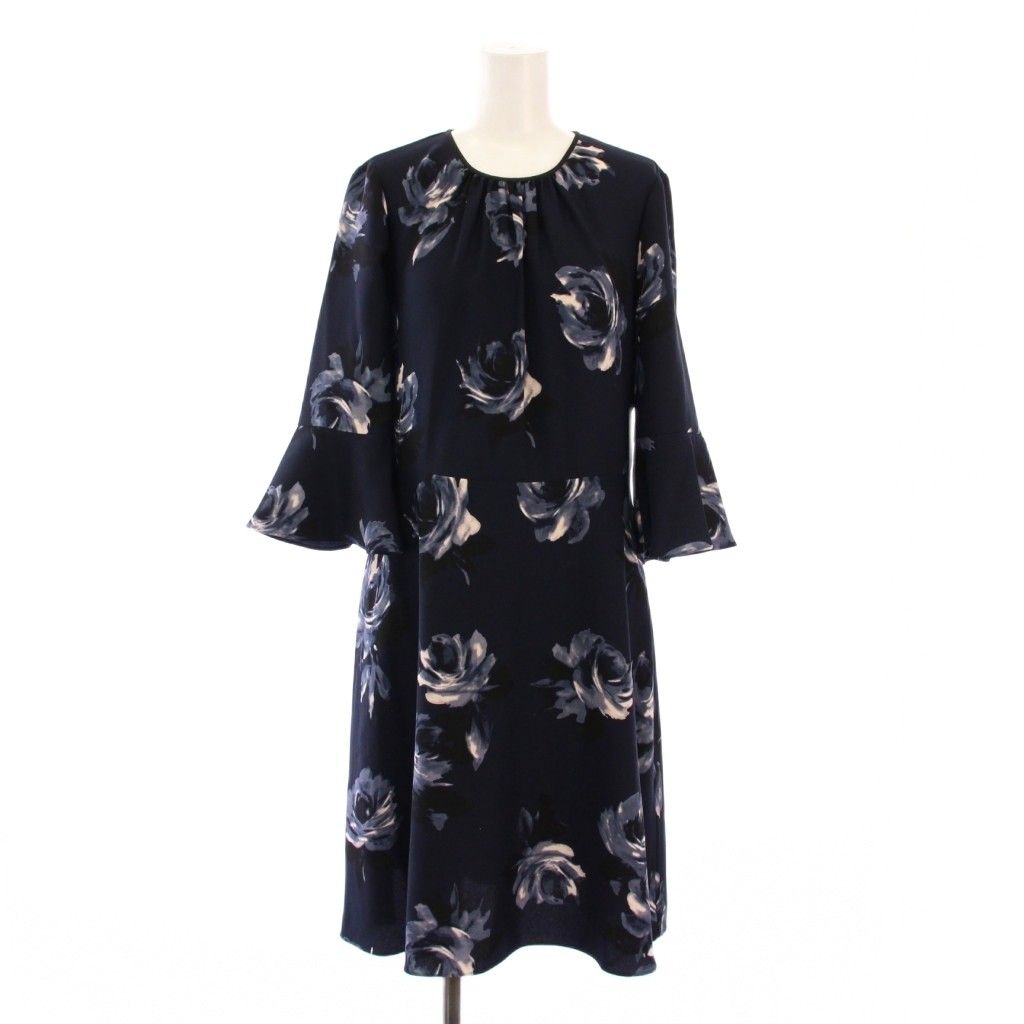 ケイトスペード KATE SPADE フ ワンピース ひざ丈 七分袖 クルーネック 花柄 6 紺 ネイビー BB