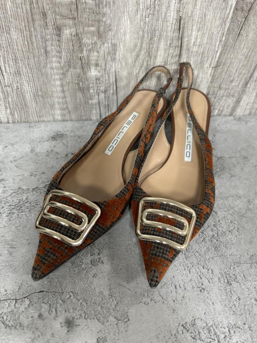 PELLICO ペリーコ 千鳥柄 ベロア オープンバック パンプス size 38 オレンジ系 レディース