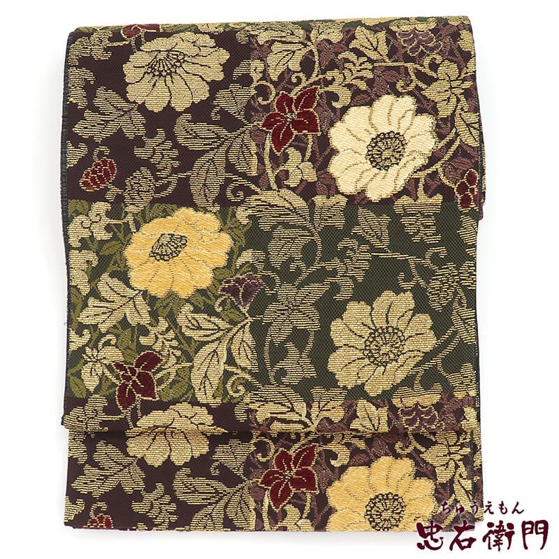 袋帯 フォーマル 正絹 六通柄 こげ茶 緑 金 金華山織 和奈織 花唐草