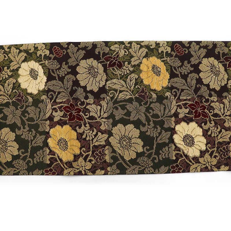 袋帯 フォーマル 正絹 六通柄 こげ茶 緑 金 金華山織 和奈織 花唐草