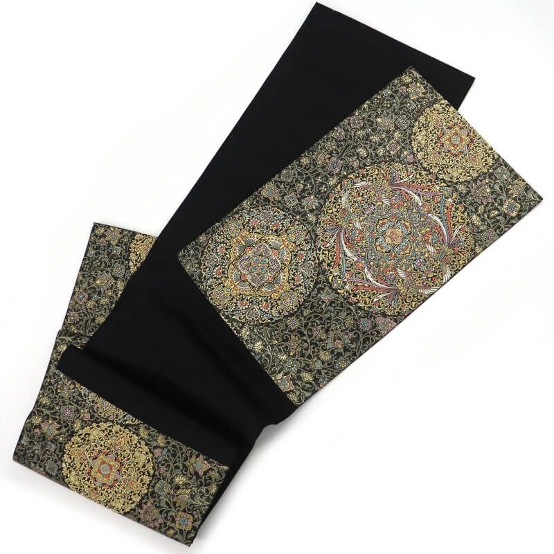 袋帯 フォーマル 正絹 六通柄 黒 金 天平彩華文 唐草 華文 鳳凰 蝶 長