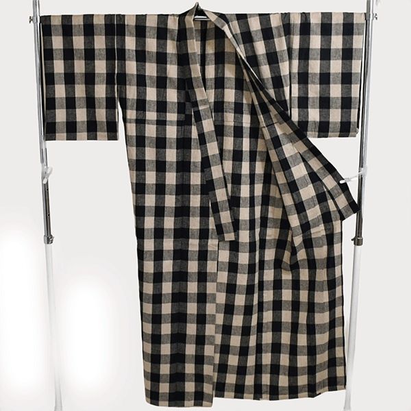 さく研究所 着物 女性 綿 麻 小紋 単衣 ダークネイビー チェック 身丈