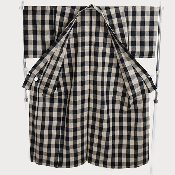 さく研究所 着物 女性 綿 麻 小紋 単衣 ダークネイビー チェック 身丈