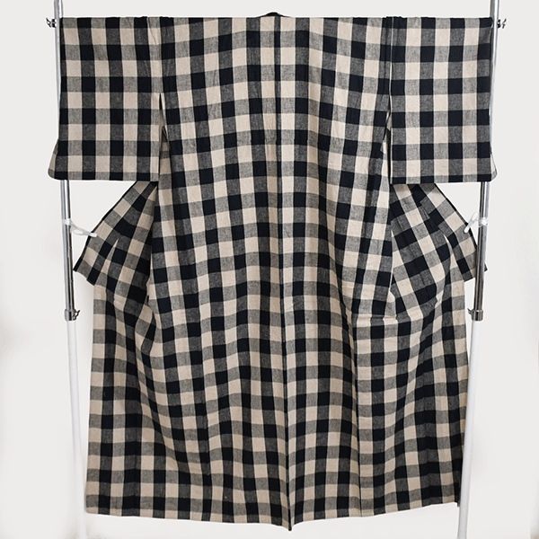 さく研究所 着物 女性 綿 麻 小紋 単衣 ダークネイビー チェック 身丈