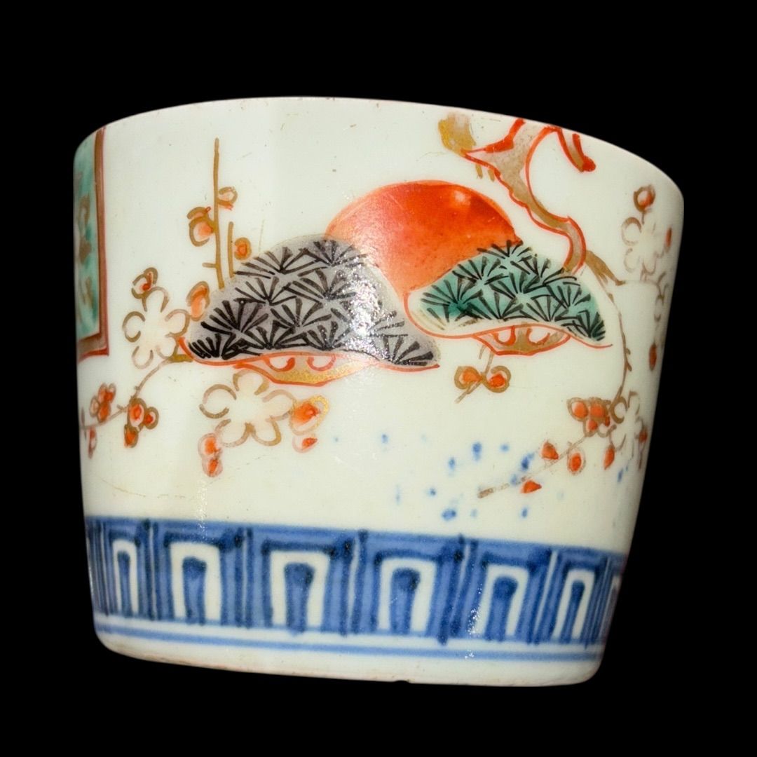 江戸後期 古伊万里色絵 蕎麦猪口 5客揃え 鶴松梅文 時代物 美品 お猪口