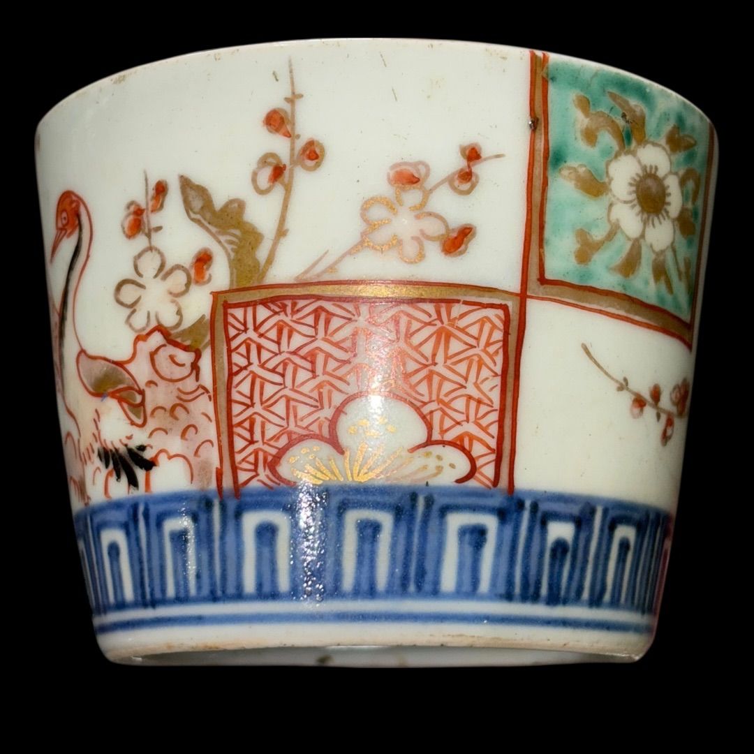 江戸後期 古伊万里色絵 蕎麦猪口 5客揃え 鶴松梅文 時代物 美品 お猪口