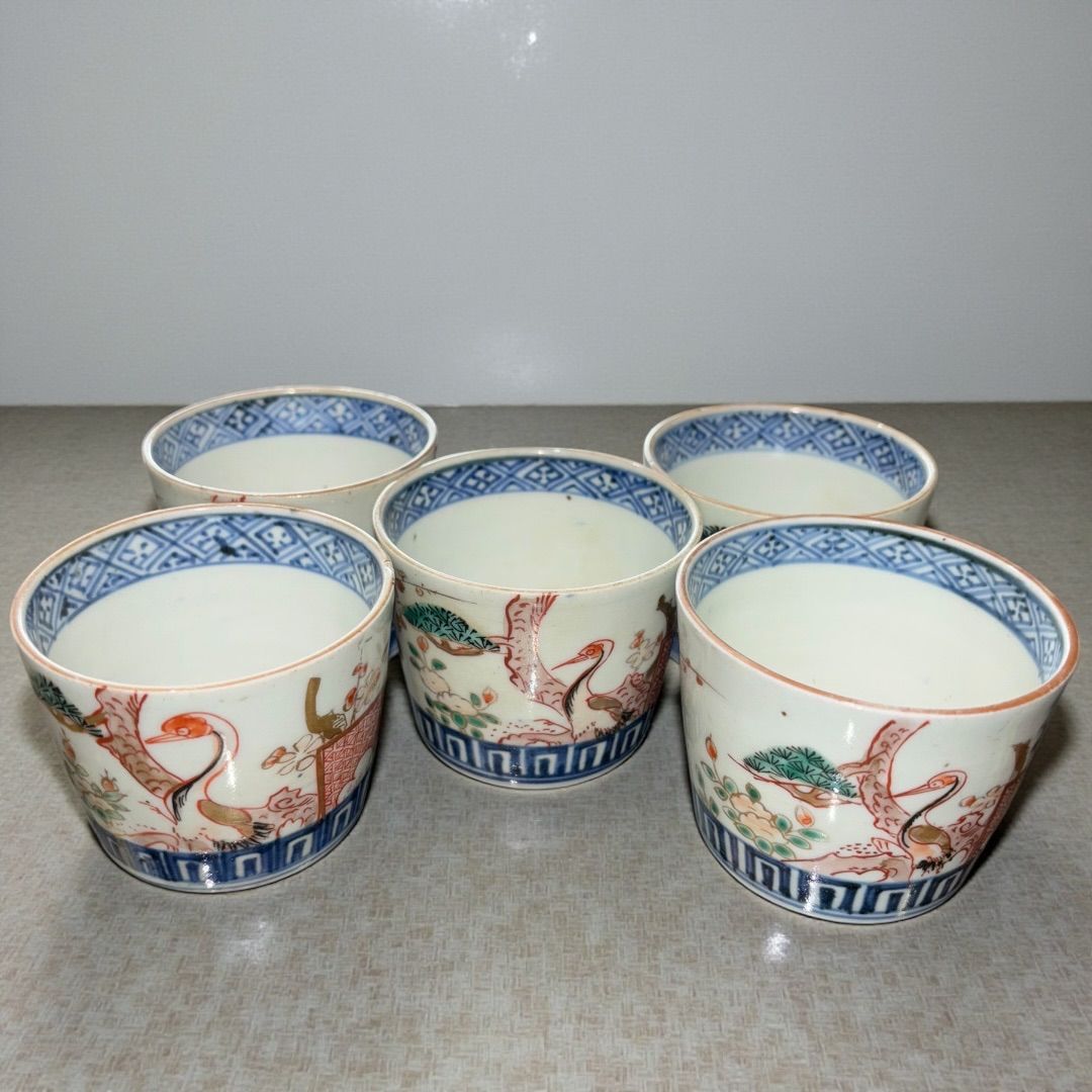 江戸後期 古伊万里色絵 蕎麦猪口 5客揃え 鶴松梅文 時代物 美品 お猪口