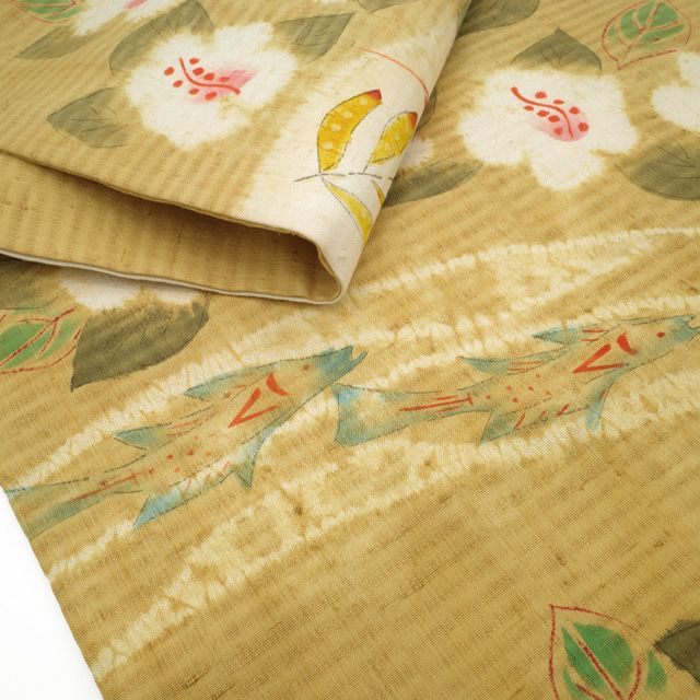 新古品】 名古屋帯 九寸 未使用 鈴木紀絵 国画会準会員 型絵染 絞り 紬